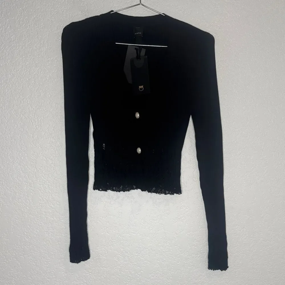 NWT Pinko Pallamano Cardigan Black with Pearl Button Distressed Cropped Large_2